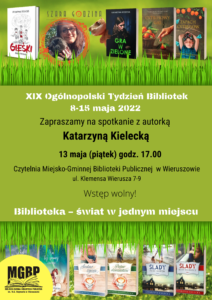 Plakat reklamujacy spotkanie autorskie z Katarzyną Kielecką