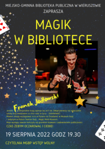 plakat zapowiadający występ magika Franka Jodłowskiego w bibliotece w 2022 roku