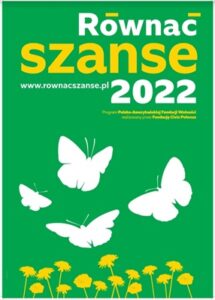 Plakat Programu Równac Szanse, zielony z białymi motylami