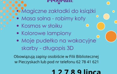 Zajęcia wakacyjne w Filii Bibliotecznej w Pieczyskach – zaproszenie