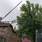 symboliczna brama z napisem Arbeit macht frei w KL Auschwitz