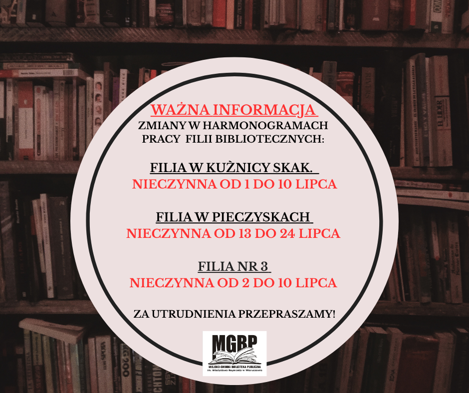 Zmiany w harmonogramach pracy naszych filii bibliotecznych. Zmiany w harmonogramach pracy naszych filii bibliotecznych.