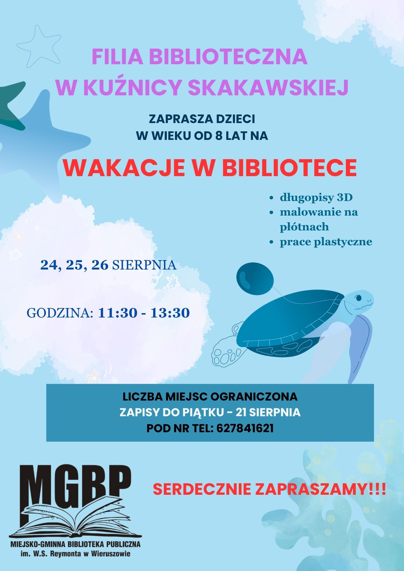 Zaproszenie na&nbsp;zajęcia wakacyjne w&nbsp;Filii Bibliotecznej w&nbsp;Kuźnicy Skakawskiej