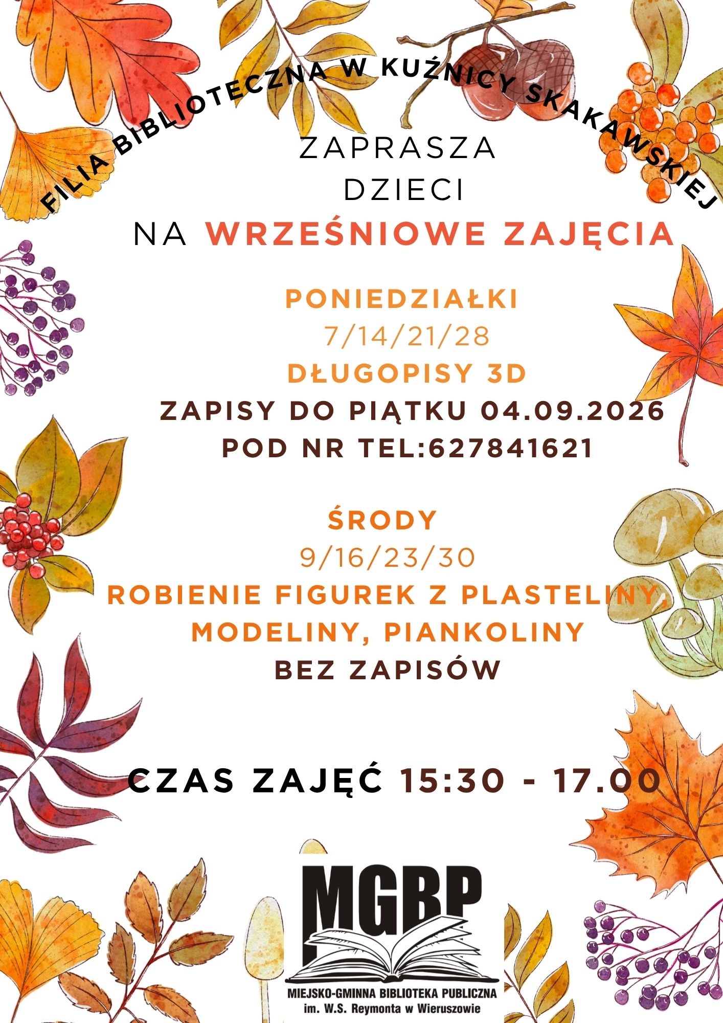 Zaproszenie na&nbsp;wrześniowe zajęcia w&nbsp;Filii Bibliotecznej w&nbsp;Kuźnicy Skakawskiej